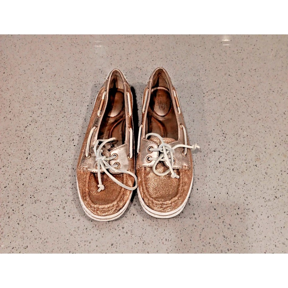COACH Richelle Boat Moccasins Signature Glitter Gold Leather Trim Sz 8.5 B